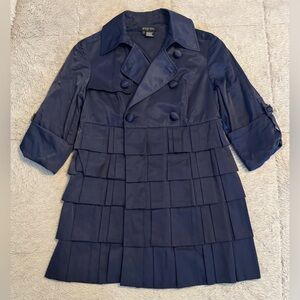 Etcetera Navy Blue Satin Tailored Midi Trench Coat with Pleated Ruffled Design